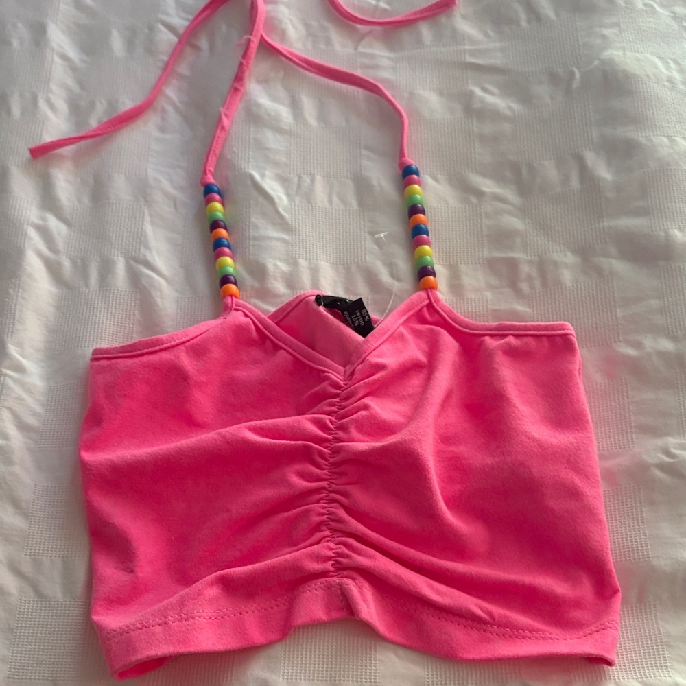 BNWOT FBZ Pink Ruched Crop Top with Beaded Straps SIZE 4